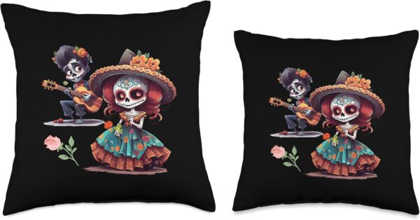 Colorful Mexican Dia de Los Muertos Art Throw Pillow, 18x18, Multicolor - Image 3