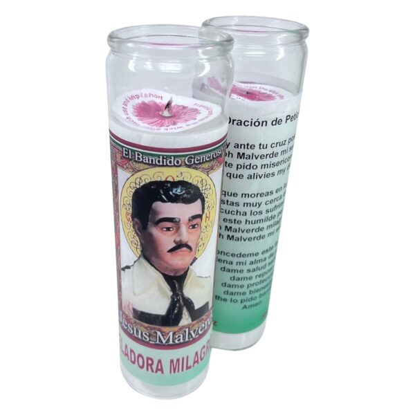 white Unscented prayer candle the generous vandit .Veladora de rezo Jesús Malverde oración de protección al reverso en español - Image 9