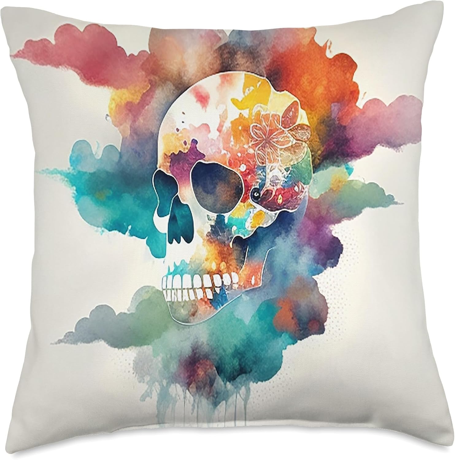 Watercolor Skull in Rainbow Clouds Dia De Los Muertos Art Throw Pillow, 18x18, Multicolor