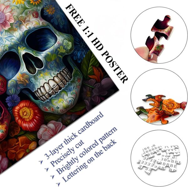 Day of The Dead Sugar Skull Puzzles for Adults 1000 Pieces, Halloween Puzzles 1000 Pieces, PICKFORU Flower Skeleton Puzzle as Skeleton Halloween Decor, Dia De Los Muertos Jigsaw Puzzle Grateful Dead - Image 3