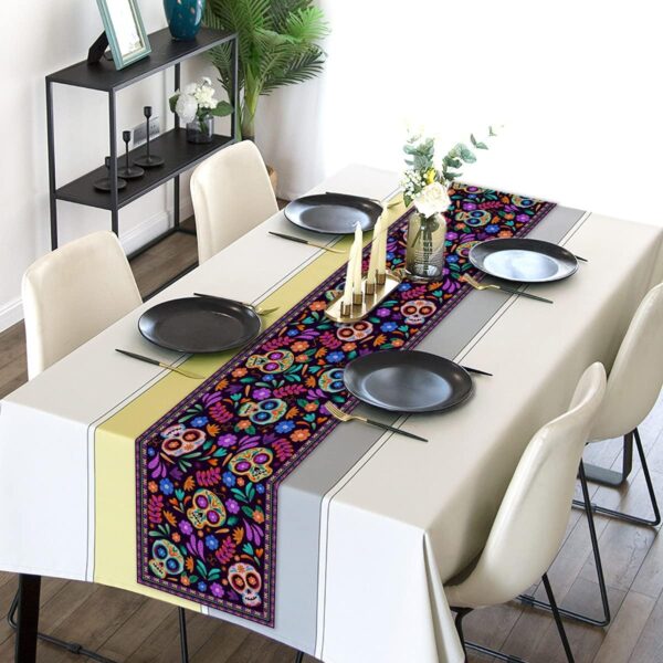 Dia De Los Muertos Table Runner Cinco de Mayo Rustic Linen Mexican Sugar Skull Day of The Dead Altar Decoration for Home Kitchen Dining Room (13" x 72") - Image 2