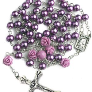 Nazareth Store Catholic Purple Pearl Beads Rosary Necklace Our Rose Lourdes Medal & Cross NS