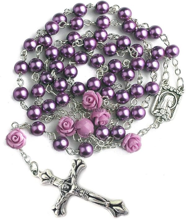 Nazareth Store Catholic Purple Pearl Beads Rosary Necklace Our Rose Lourdes Medal & Cross NS