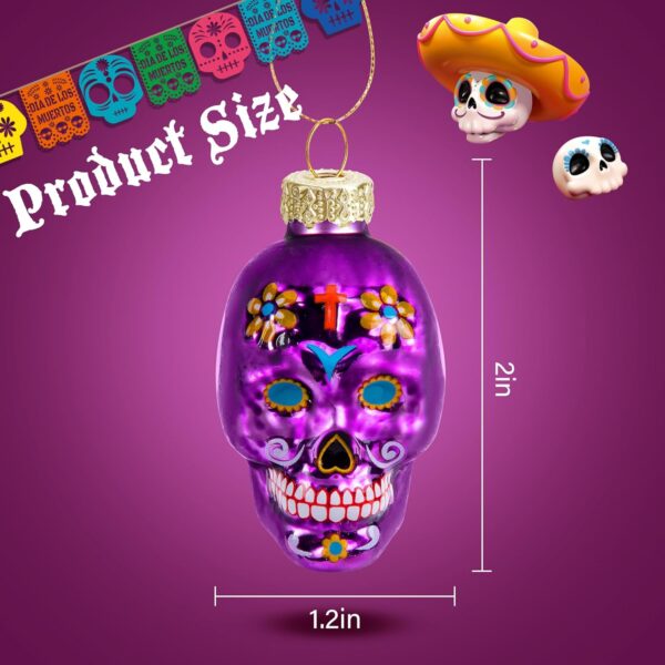 12 Pcs Day of The Dead Glass Ornaments- Dia De Los Muertos Sugar Skull Decorations- Halloween Hanging Skeleton Head Ornaments for Parties Xmas Tree Decoration - Image 2