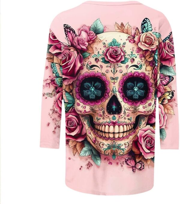 Día De Los Muertos Shirts for Women Mexican Day of Dead T-Shirts Fall 3/4 Sleeve Tunic Tops Crewneck Pullover Blouse - Image 4