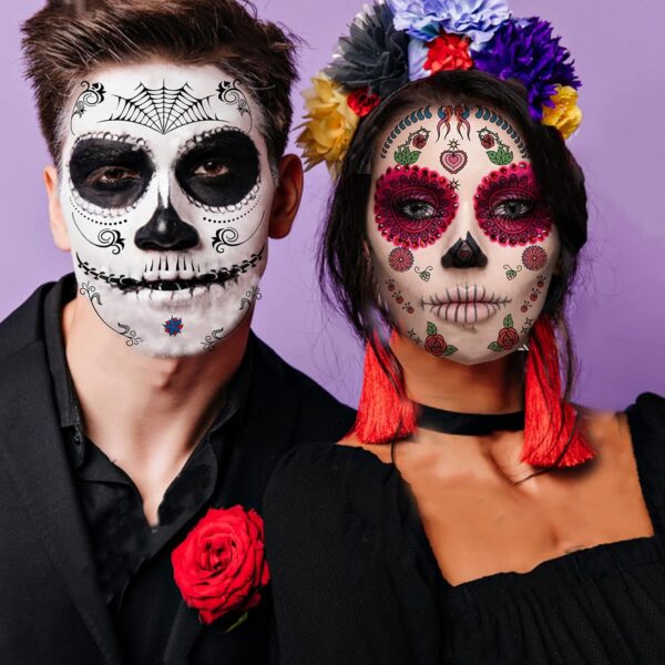20 Sheets Day of the Dead Face Sugar Skull Tattoos,Including 8 Large Sheets Halloween Temporary Face Tattoos, Halloween Sugar Skull Face Tattoos - Image 3