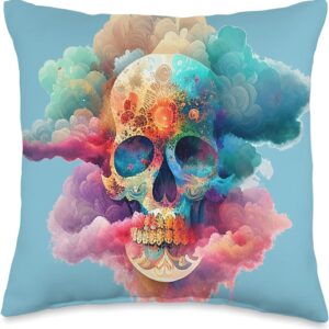 Watercolor Skull in Rainbow Clouds Dia De Los Muertos Art Throw Pillow, 16x16, Multicolor