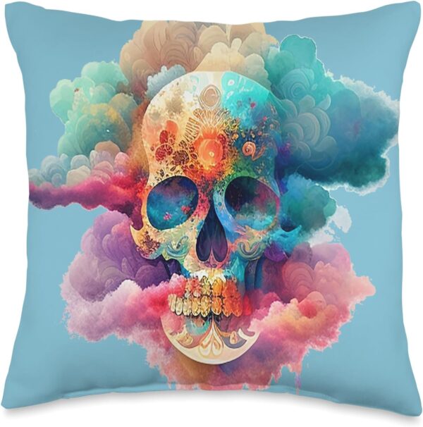 Watercolor Skull in Rainbow Clouds Dia De Los Muertos Art Throw Pillow, 16x16, Multicolor