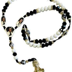 Rosario de Jesus Malverde cristal negro/blanco y piedras