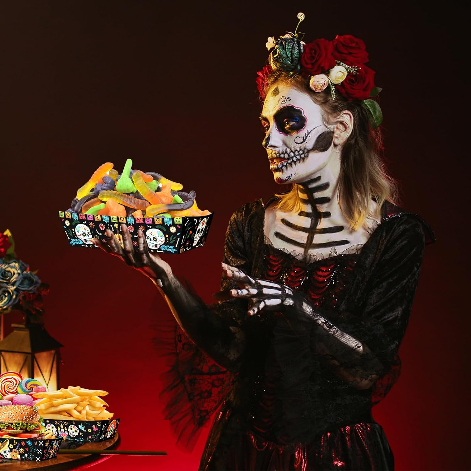 HOWAF 24 Pcs Day of The Dead Food Trays Sugar Skull Paper Food Boats for Mexican Dia De Los Muertos Decoration Supplies, Mexican Fiesta Disposable Tray Halloween Food Tray for Chips, Nachos,Candy - Image 7