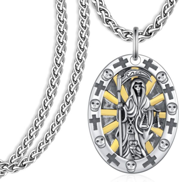 Santa Muerte Necklace for Men 925 Sterling Silver La Santa Muerte Pendant Medal Religious Protect Jewelry for Men Women