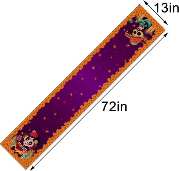 Sugar Skull Table Runner Mexico Dia De Los Muertos Marigold Coco Rustic Linen Day of The Dead Altar Decoration for Home Kitchen Dining Room -13x72 inch - Image 3
