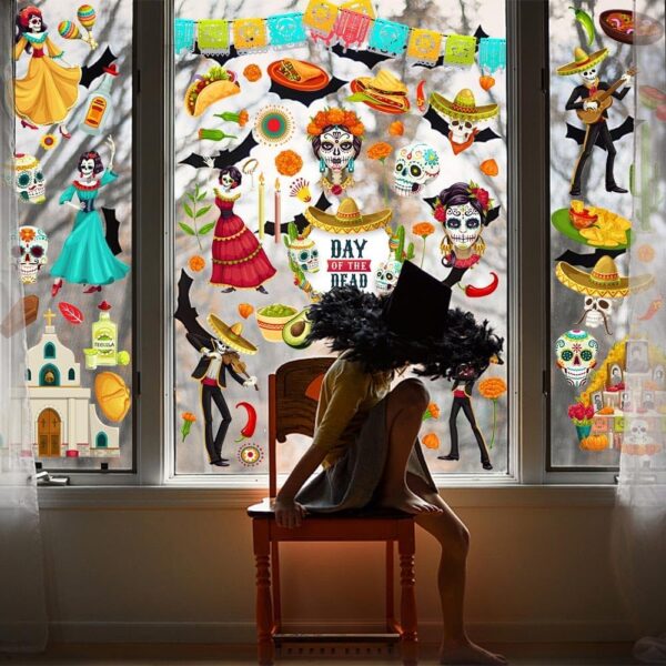 9PCS Dia de Los Muertos Window Clings Decals for Glass Windows Removable, Double-Side Sugar Skull Day of The Dead Window Sticker for Mexican Supplies Party Decoration Accessories - Image 3