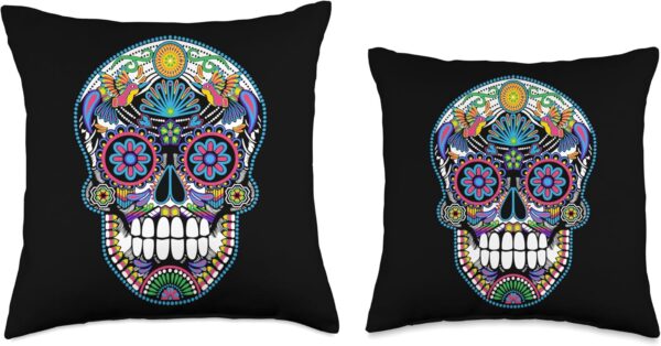 Dia de los Muertos Sugar Skull Huichol Mexican Art Design Throw Pillow - Image 3