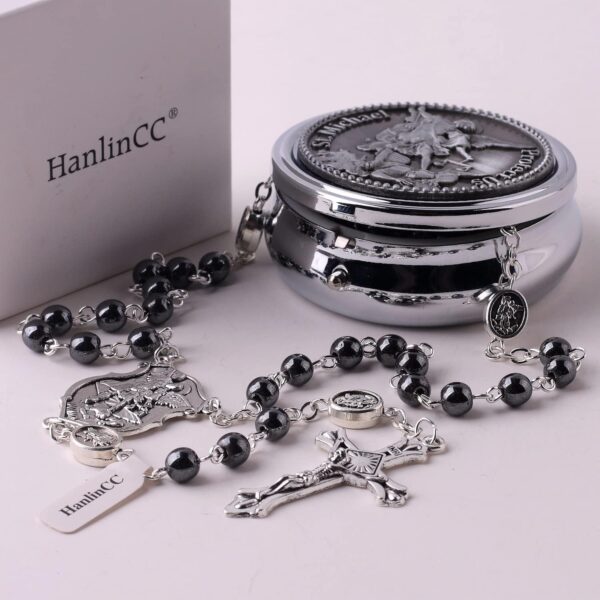 HanlinCC Saint Michael the Archangel Hematite Black Stone Beads Rosary Necklace with Metal Gift Box for Men - Image 5