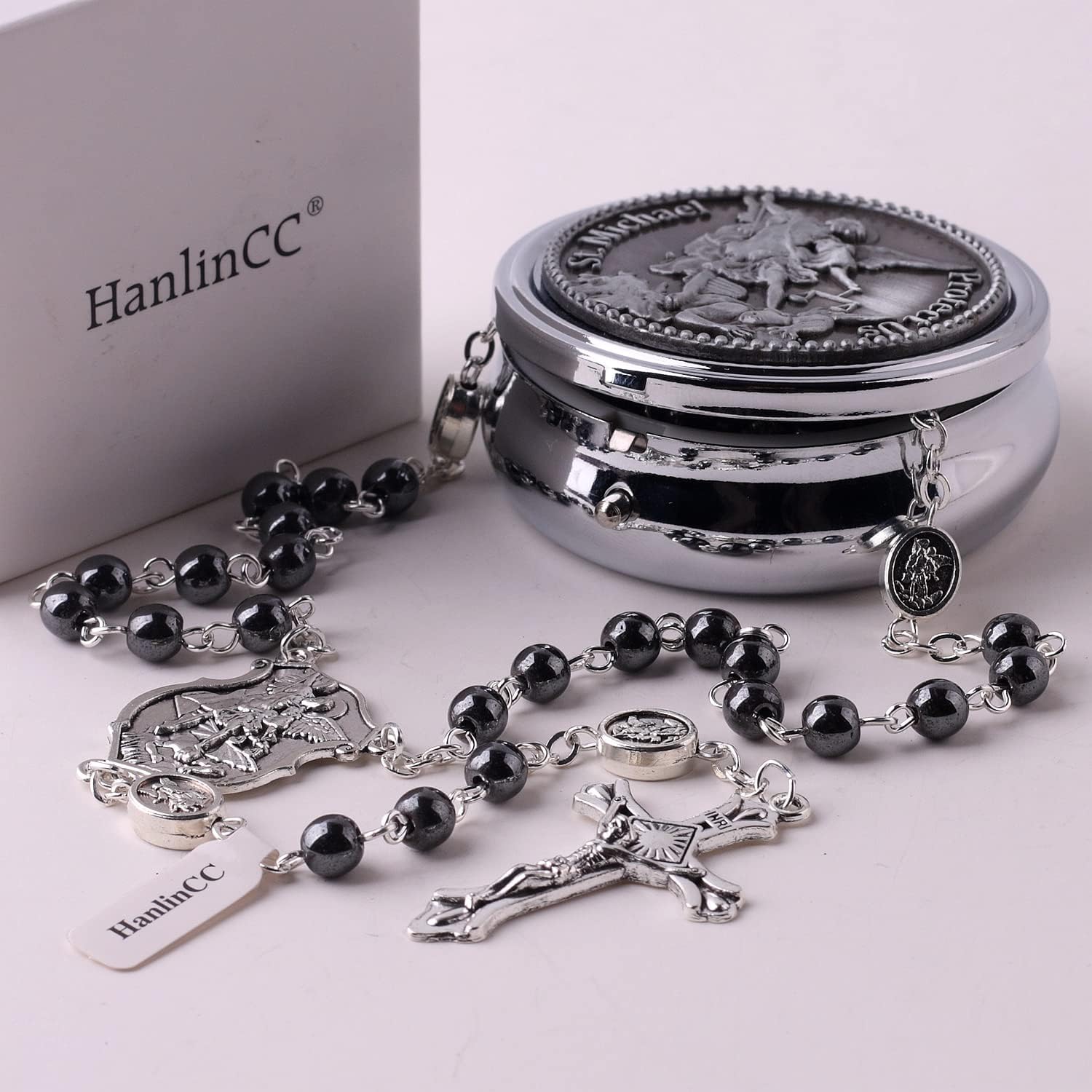 HanlinCC Saint Michael the Archangel Hematite Black Stone Beads Rosary Necklace with Metal Gift Box for Men - Image 5