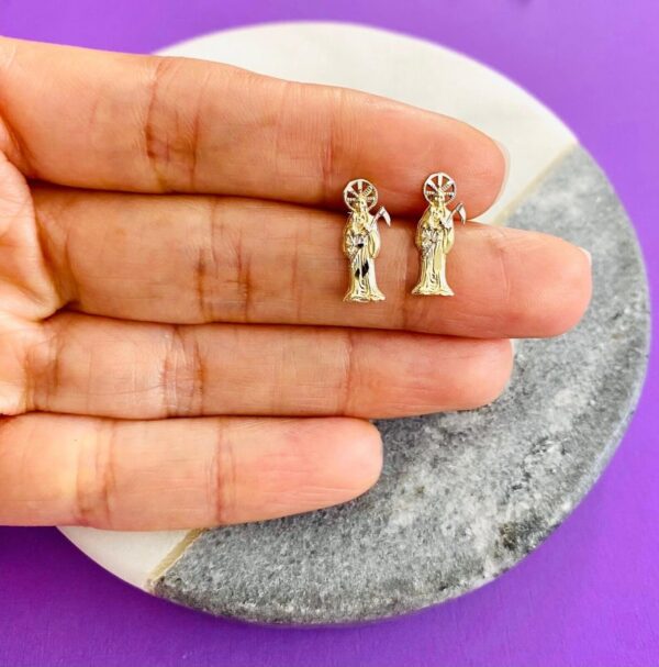 14K Solid Gold - Two Tone Grim Reaper,Angel of Death Stud Earrings, Small 14K Gold Santa Muerte Earrings - 15mm x 6mm