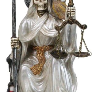 Ebros Gift 9" Tall Bone Mother Holy Death White Tunic Robe Santa Muerte with Scythe and Scales Sitting On Throne Statue Day of The Dead Patron of Purity and Protection