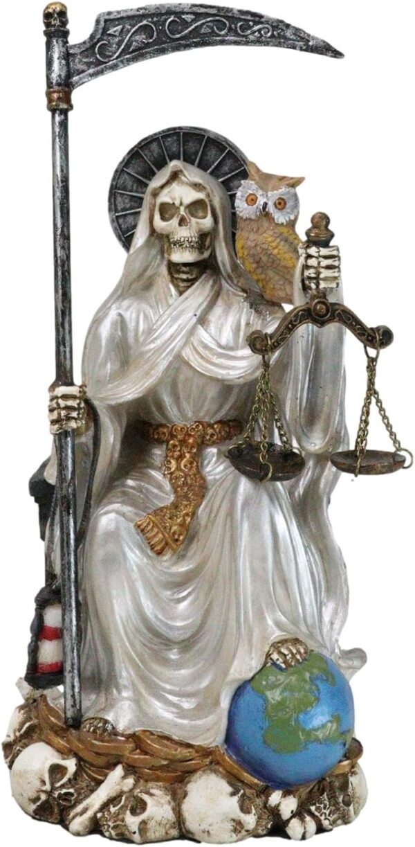 Ebros Gift 9" Tall Bone Mother Holy Death White Tunic Robe Santa Muerte with Scythe and Scales Sitting On Throne Statue Day of The Dead Patron of Purity and Protection