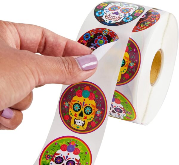 Juvale 1000 Pcs Dia de Los Muertos Skull Sticker Roll, 8 Vibrant Calavera Designs, 1.5 in, Dia de Muertos Stickers for Halloween Candy Bags, Party Favors, Decorations, Day of The Dead Decor - Image 7