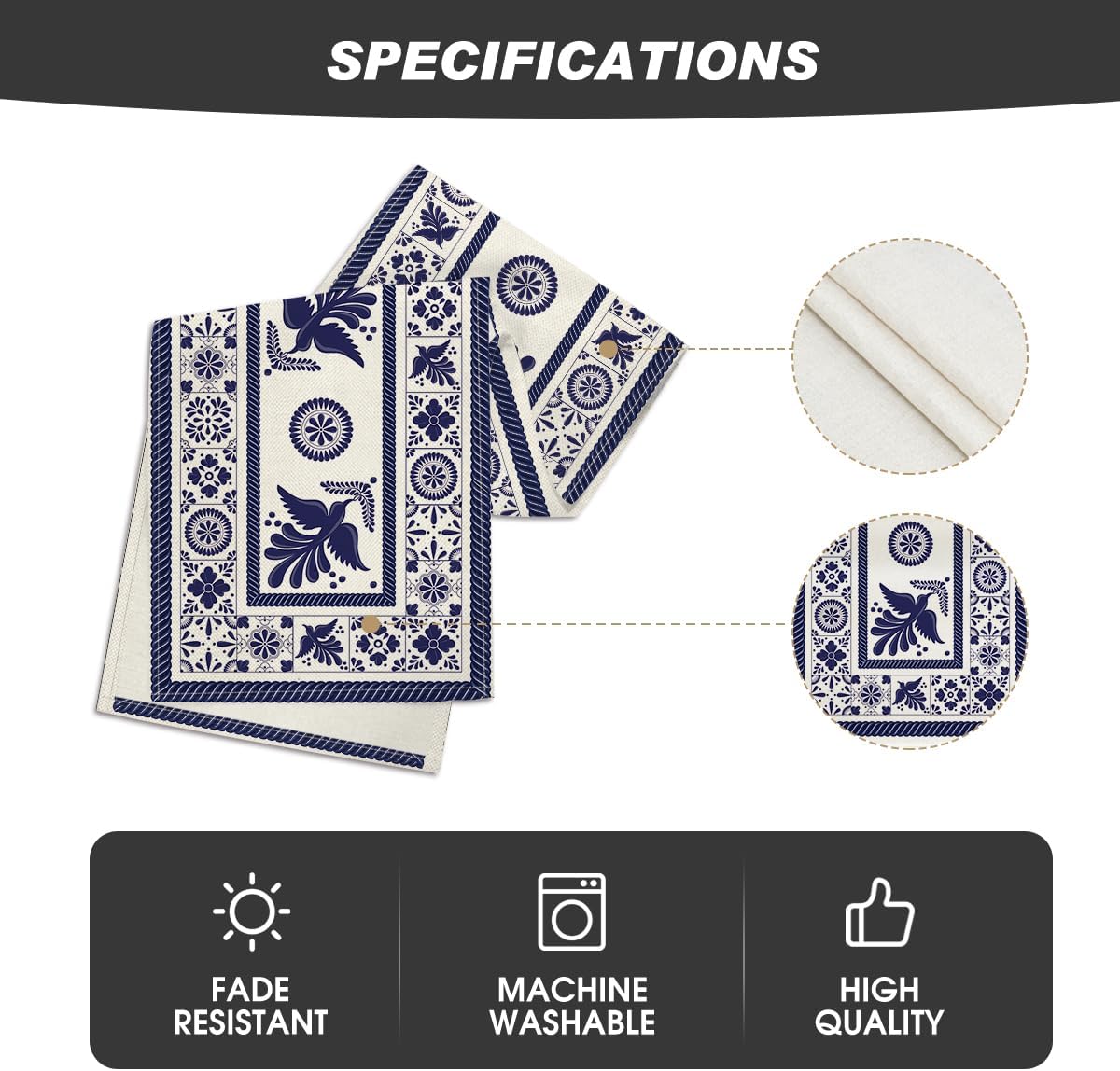 Artoid Mode Floral Bird Dia De Los Muertos Mexican Table Runner, Blue Patchwork Tiles Kitchen Dining Table Decoration for Home Party Decor 13x72 Inch - Image 5