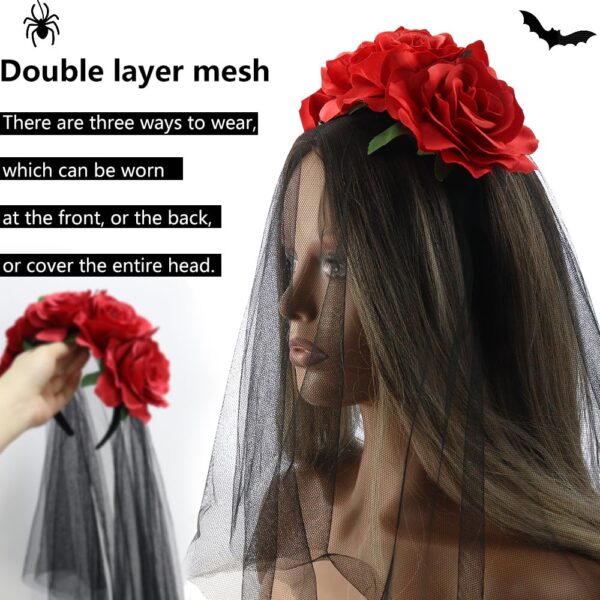 NODG Day of the Dead Headband, Retro mesh carnival head button, Halloween day rose flower party hair accessories headband black female - Image 4