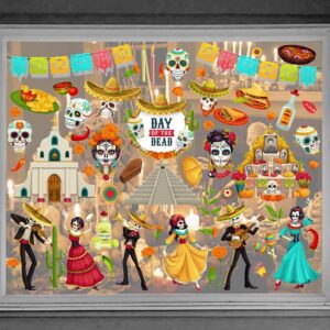 9PCS Dia de Los Muertos Window Clings Decals for Glass Windows Removable, Double-Side Sugar Skull Day of The Dead Window Sticker for Mexican Supplies Party Decoration Accessories