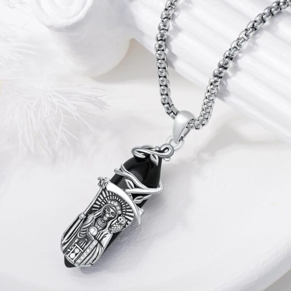 PELOVNY Santa Muerte Necklace 925 Sterling Silver Grim Reaper Crystal Pendant Day of the Dead Jewelry Gifts for Halloween Fathers Day Birthday Christmas Men Women - Image 5