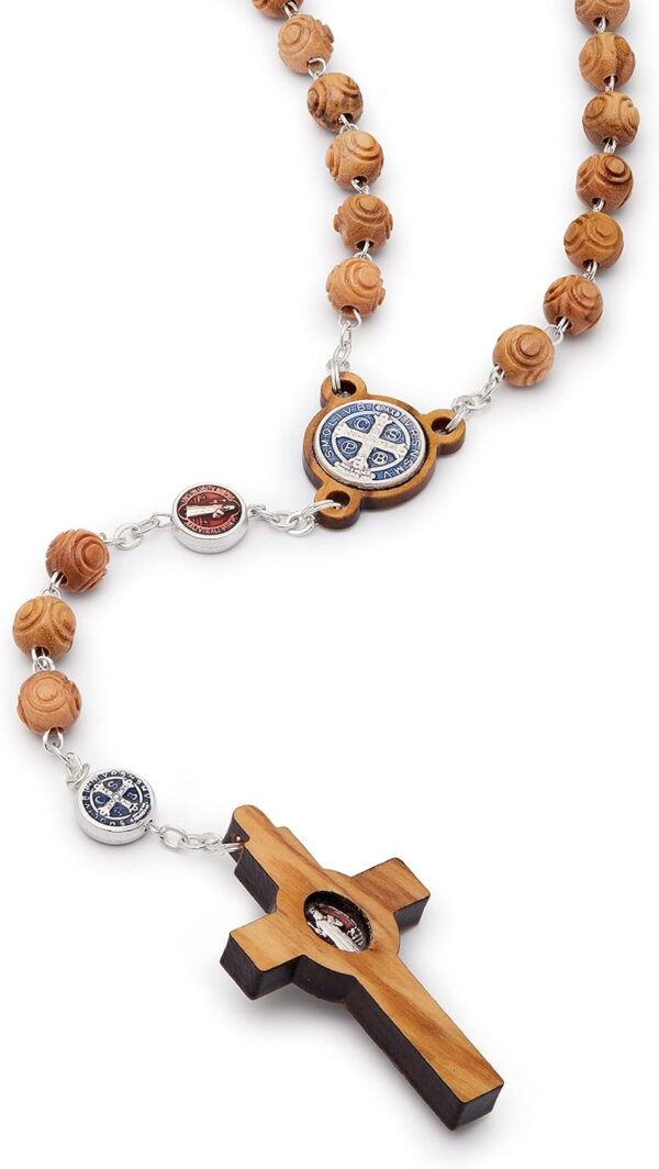 Mondo Cattolico Rosary Beads Blessed During Pope's Angelus, Olive Wood Rosary with Enamel Centerpiece Medal of St. Benedict - Perfect Catholic gifts - Image 2