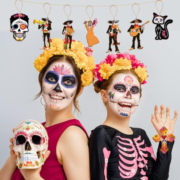 CMUSKO Dia De Los Muertos Decorations-30Pcs Day of the Dead Wood Ornaments Sugar Skull Hanging Wooden Sign,Halloween Tree Ornaments Mexican Fiesta Day of the Dead Decor - Image 4