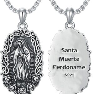 Santa Muerte Necklace 925 Sterling Silver Gothic Rose Grim Reaper Pendant Goth Jewelry for Women