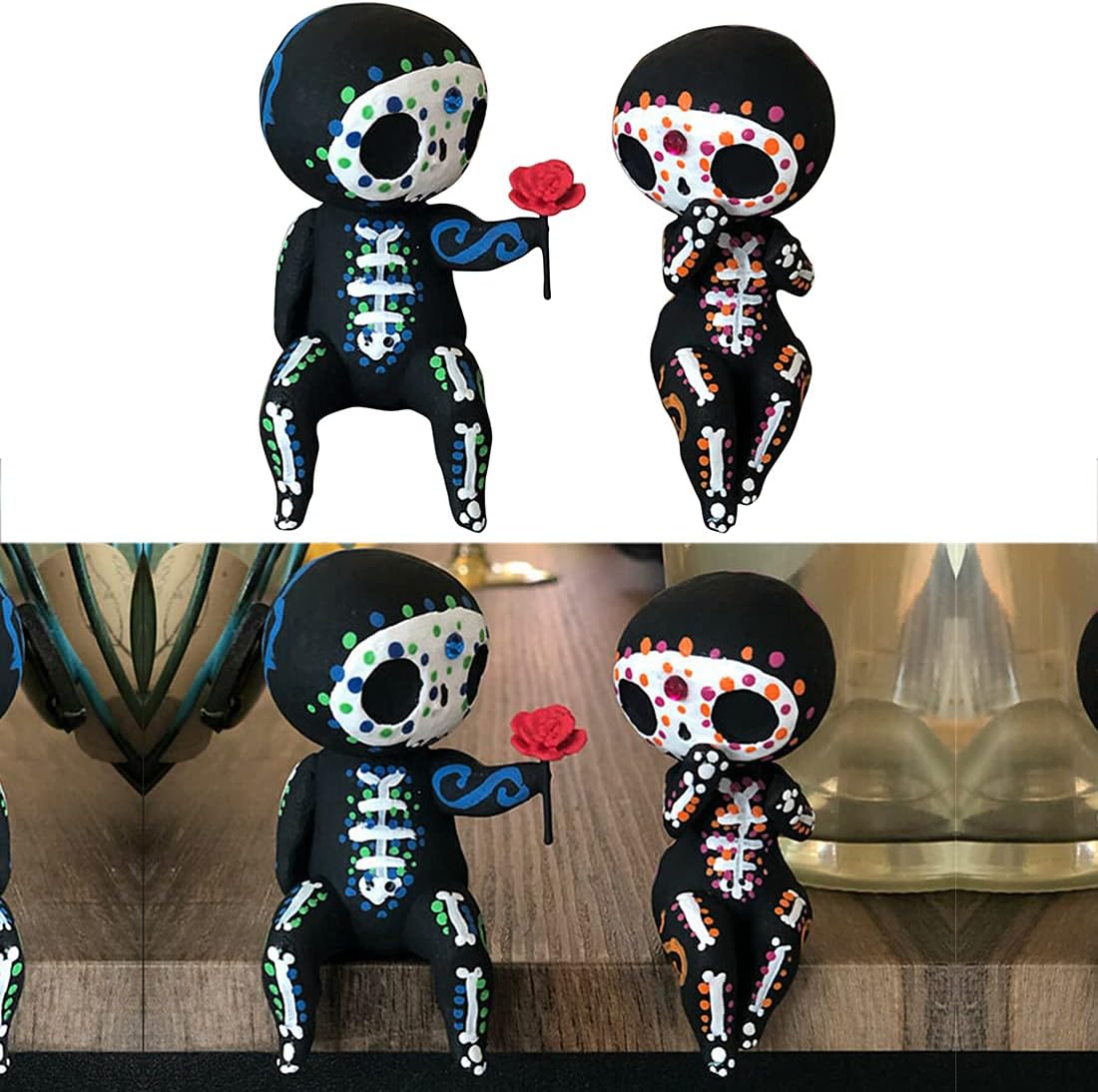 Valentine's Day Decor Sugar Skull Couple Figurine Statue Couples Cute Skeleton Mexican Halloween Day of The Dead Figurines(Lovers) - Image 4