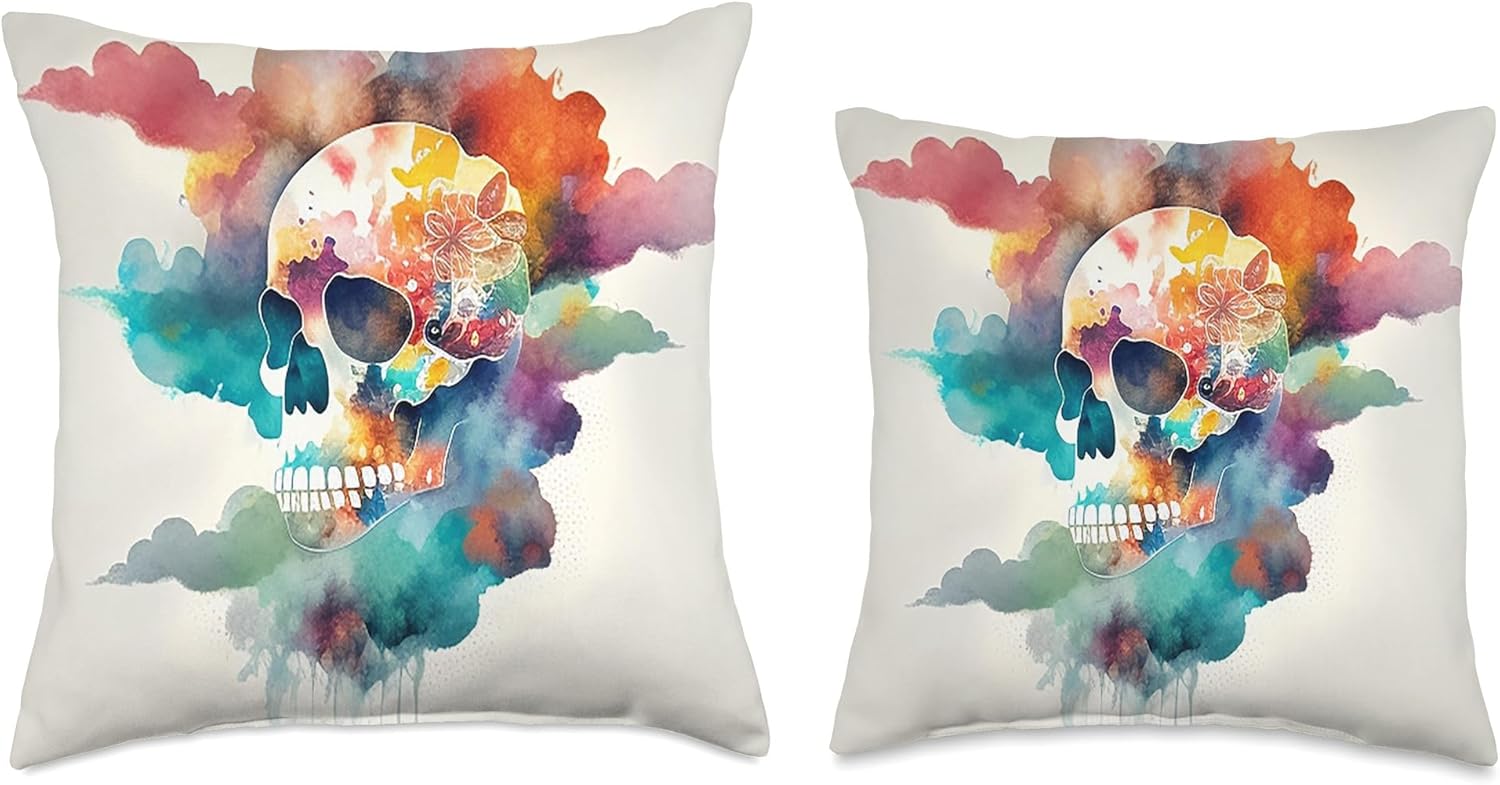 Watercolor Skull in Rainbow Clouds Dia De Los Muertos Art Throw Pillow, 18x18, Multicolor - Image 3