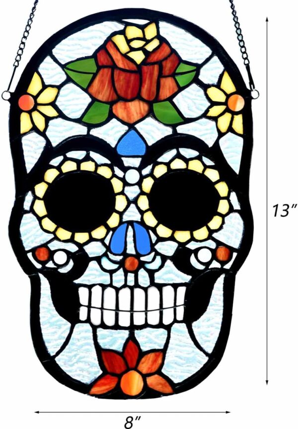 Bieye W10105 Sugar Skull Tiffany Style Stained Glass Window Panel for Home Decor, 8" W x 13" H - Image 5