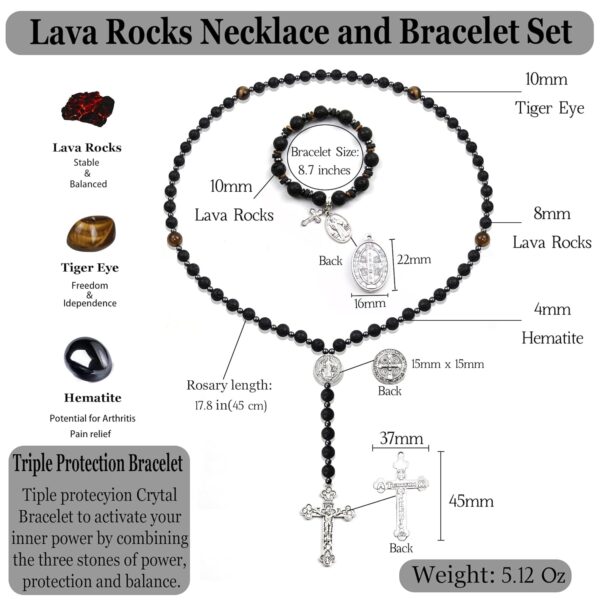 Rosary Beads Catholic, 8mm Lava Rocks Rosary Black Beads Necklace with 10mm Lava Rocks St Benedict Cross Bracelet, Rosarios Catolicos Triple Protection Necklace Bracelet Jewelry Sets Catholic Gifts - Image 2