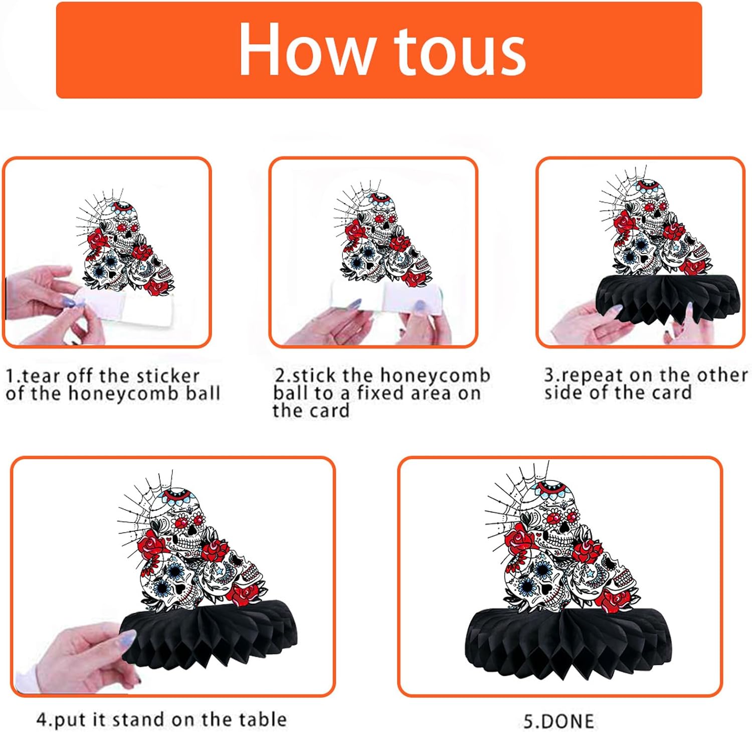 Day of The Dead Decorations - 9 Pieces Dia De Los Muertos Honeycomb Table Toppers Cutouts Sugar Skull Flowers Centerpieces Day of The Dead Decor Mexican Party Supplies - Image 6