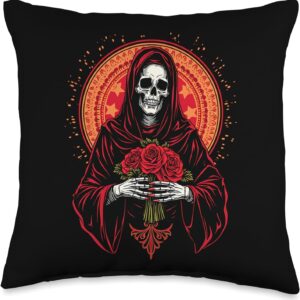 Santa Muerte Roses Sugar Skull Mexican Folklore Tattoo Art Throw Pillow