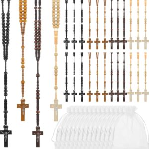 Tenceur 24 Pcs Wooden Rosary Bead Necklace Wood Catholic Carved Beads with Jesus Cross First Communion Rosary Bulk with Organza Bags Baptism Favors Catholic Gift for Men Women