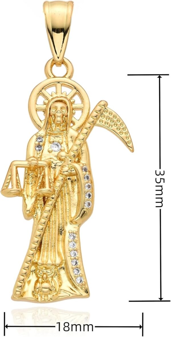 14K Yellow Gold Zircon La Santa Muerte Necklace For Women And Men - Holy Death's Pendant Necklace, Santa Muerte Pendant Necklace, Holy Saint Death Necklace Religious Jewelry For Women Men - Image 2