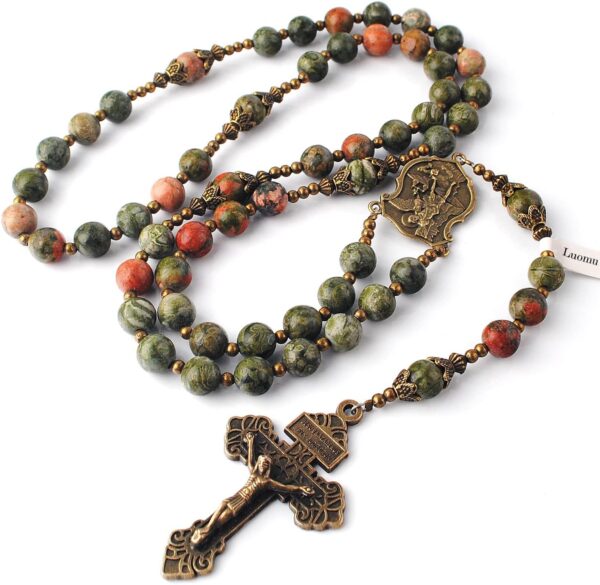8mm Natural Stone Beads Large Rosary with Caps Miraculous Medal and Pardon Crucifix - Image 4
