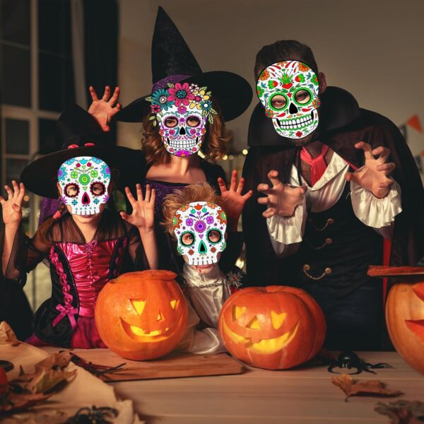 Day of the Dead Felt Masks for Adults, 9 Pack Dia de Los Muertos Skull Masks Floral Sugar Skull Masks, Adjustable Halloween Masks Dia De Los Muertos Decorations for Halloween Cosplay - Image 2