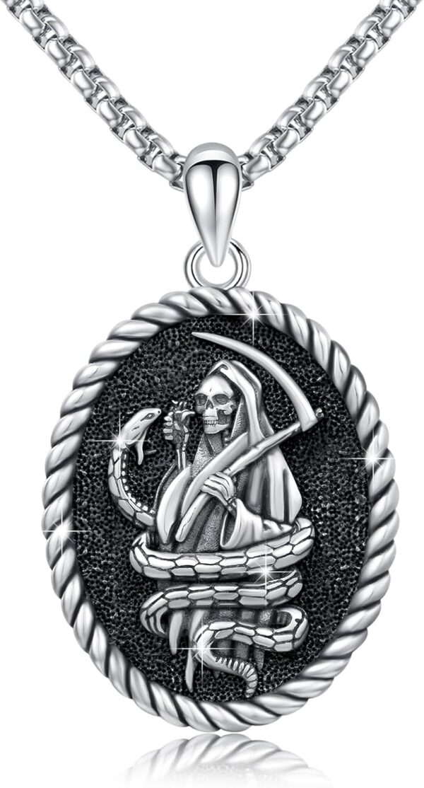 TRISHULA Santa Muerte Necklace for Men, 925 Sterling Silver Grim Reaper Necklace Oxidation Grim Skull with Scythe Pendant Skull Jewelry Gift for Birthday Graduation