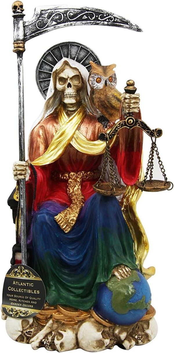 Atlantic 9" Tall Holy Death All Powerful Santa Muerte with Scythe and Scales Sitting On Throne Day of The Dead Decorative Figurine (Rainbow)