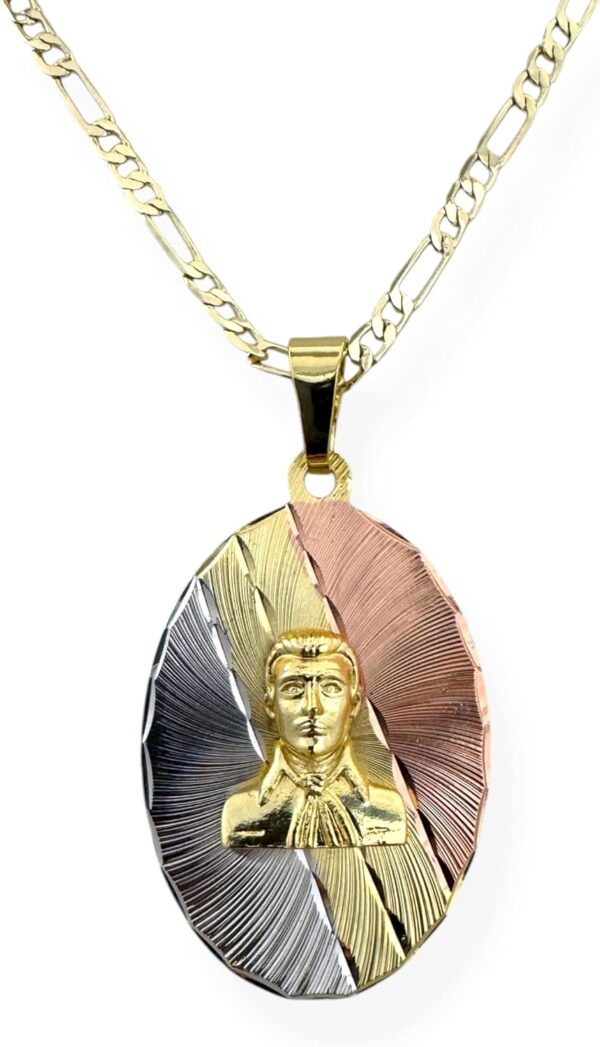Jesus Malverde Tri-Color Gold Plated Oval Pendant Medal Charm Necklace Religious Gift