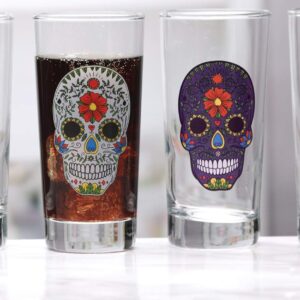 Circleware Halloween Sugar Skull Hiball Cooler, Set of 4 Heavy Drinking Glass Tumbler Cups for Water, Juice, Milk, Beer, Whiskey, Vodka, Farmhouse Decor, 14.5 oz, Black, White, Purple, Orange