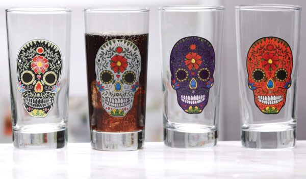 Circleware Halloween Sugar Skull Hiball Cooler, Set of 4 Heavy Drinking Glass Tumbler Cups for Water, Juice, Milk, Beer, Whiskey, Vodka, Farmhouse Decor, 14.5 oz, Black, White, Purple, Orange