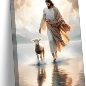 Jesus Walks On Water Canvas Wall Art Christ Saves The Lost Lamb Painting Wall Decor Christian Poster Print Follow Me Artwork Picture Decoration For Living Room Bedroom Church Ready To Hang