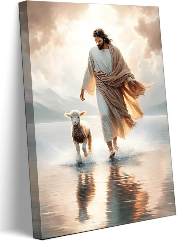 Jesus Walks On Water Canvas Wall Art Christ Saves The Lost Lamb Painting Wall Decor Christian Poster Print Follow Me Artwork Picture Decoration For Living Room Bedroom Church Ready To Hang