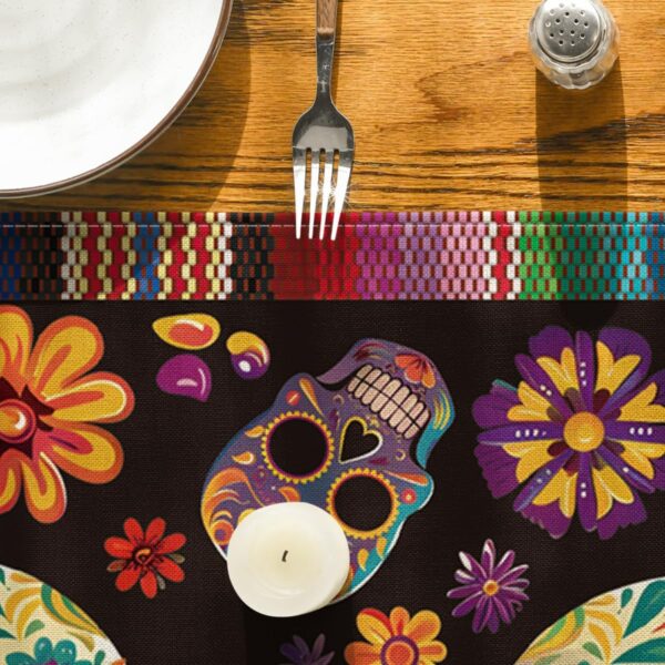 Artoid Mode Flowers Sugar Skull Mexican Day of The Dead Table Runner, Dia De Los Muertos Kitchen Dining Table Decoration for Home Party Decor 13x72 Inch - Image 7