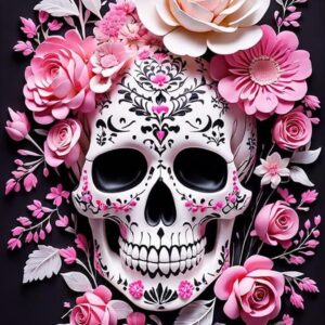 PUAGEMTI Pink Flower Sugar Skull Diamond Painting, Day of The Dead 5D Sparkling Diamond Painting Kit for Adults Beginners Home Wall Decor DIY Gift Drill Round Art Gems 12x16 Inch